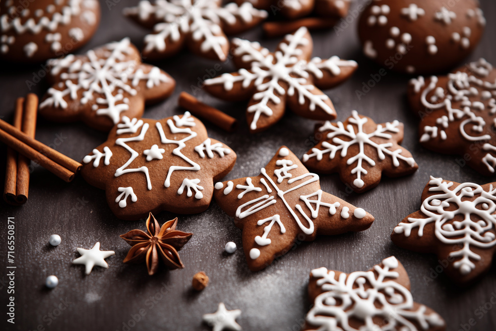Christmas gingerbread cookies in various holiday shapes. A variety of gingerbread treats beautifully arranged on a table, closeup Christmas gingerbread cookies in various holiday shapes. A variety of gingerbread treats beautifully arranged on a table, closeup