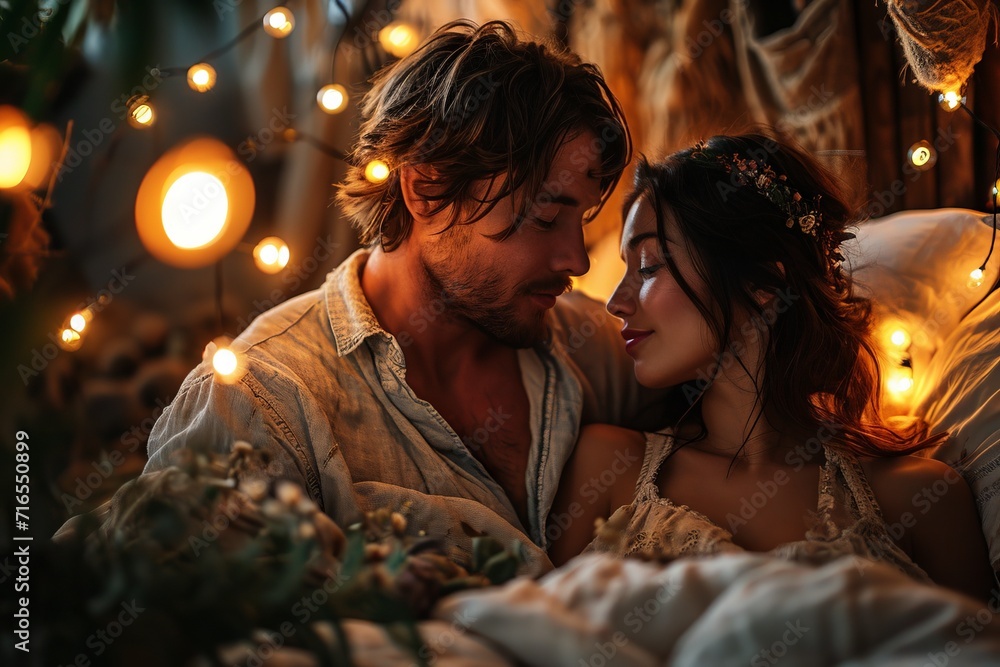 Excited couple in love hug each other, morning coffee in bed lovers. Concept: drink in bed