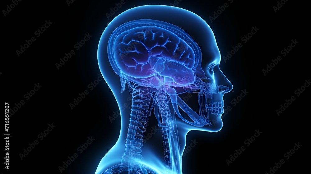 X,ray view of a brain with a man standing in a blue theme , X,ray view, brain, man standing, blue theme, medical X,ray view of a brain with a man standing in a blue theme , X,ray view, brain, man standing, blue theme, medical