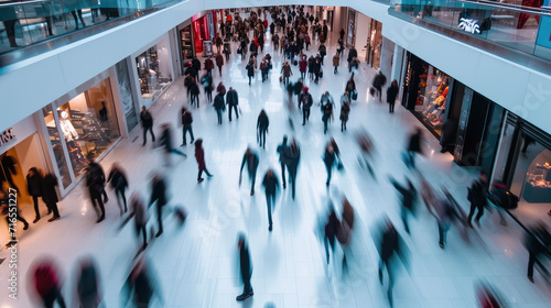 shopping mall full of people in motion, blurred people, shopping concept