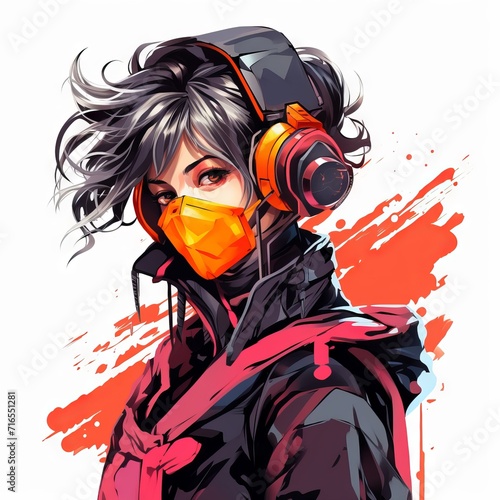 Anime manga girl in cyberpunk costume with mask on white background - vector illustration