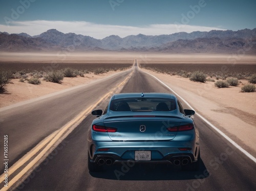 Blue Car Driving Down Desert Road. Generative AI.