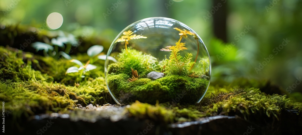 Glass globe on green moss in nature, symbolizing environment conservation and sustainability Glass globe on green moss in nature, symbolizing environment conservation and sustainability