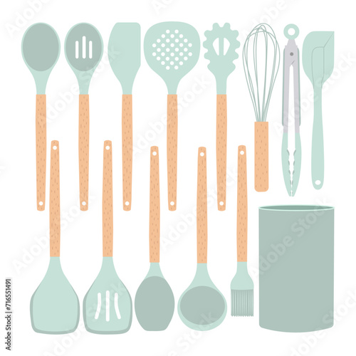 Kitchen utensils set. Kitchenware, cooking tools. Silicone kitchen utensil set with storage bucket. Minimalistic flat vector isolated on white background.