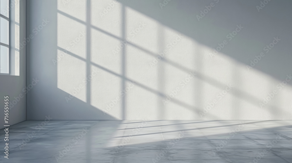Empty room with minimalist light grey wall background with sun shadow for product presentation Empty room with minimalist light grey wall background with sun shadow for product presentation