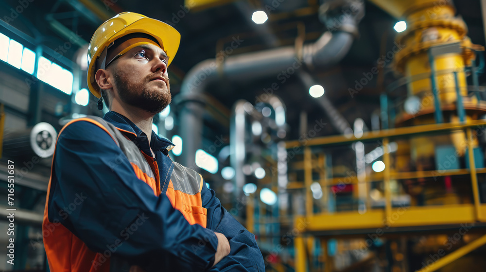 Portrait of Industry maintenance engineer man wearing uniform and safety hard hat on factory station. Industry, Engineer, construction concept Portrait of Industry maintenance engineer man wearing uniform and safety hard hat on factory station. Industry, Engineer, construction concept
