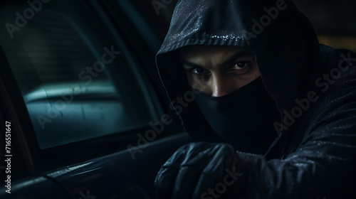 Undercover Intrigue: Man in Black Hoodie Concealed Behind the Door, Embracing the Aesthetic of Auto Body Works and Dazzling Chiaroscuro, Evoking a Mysterious Burglar Vibe