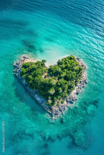 Heart shaped island surrounded by perfect turquoise water in sunlight