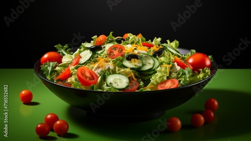 Salad on a Black Plate Isolated on a Black Background and on a Green Table. Generative AI