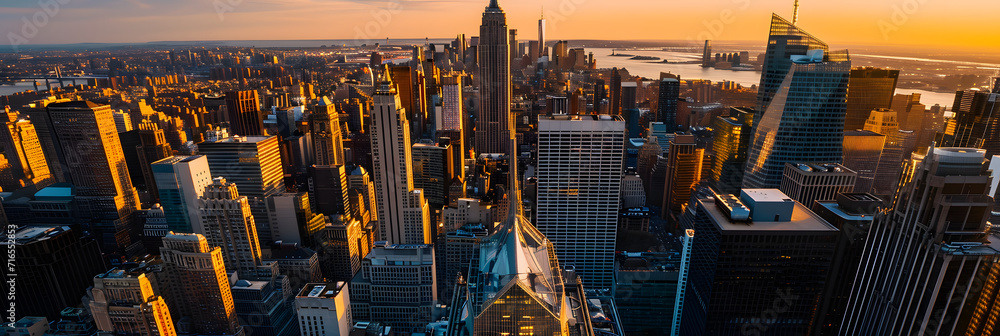 Sunset Aerial View of Empire State Building Spire and a Top Deck Tourist Observatory. New York City Business Center From Above. Helicopter Image of an Architectural Wonder in Midtown Manhattan
