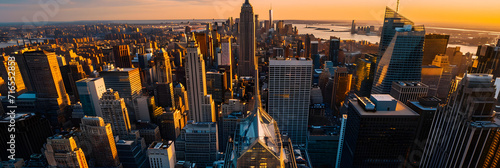 Sunset Aerial View of Empire State Building Spire and a Top Deck Tourist Observatory. New York City Business Center From Above. Helicopter Image of an Architectural Wonder in Midtown Manhattan photo