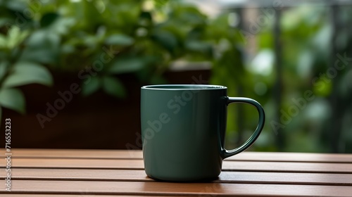 Balcony View of a dark green Mug on a wooden Table. Close up with a blurred Background