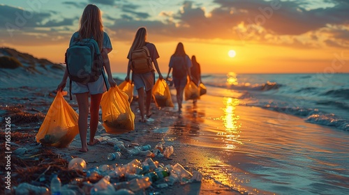 Teenager volunteers cleaning the sea beach by collecting garbage into plastic bag at sunset photo
