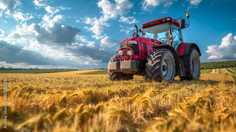 Farmer driving a tractor preparing land in a field , Agricultural vehicle works Farmer driving a tractor preparing land in a field , Agricultural vehicle works