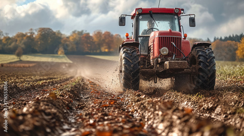 Farmer driving a tractor preparing land in a field   Agricultural vehicle works