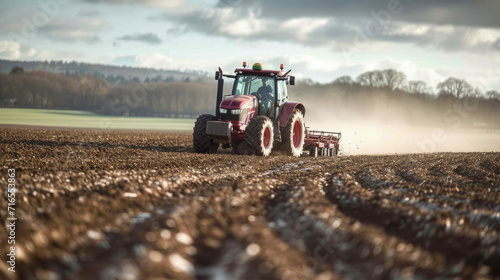 Farmer driving a tractor preparing land in a field , Agricultural vehicle works photo