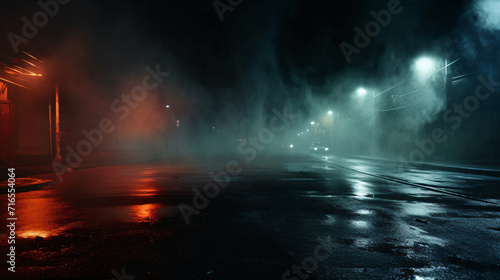 Wet asphalt reflection of neon lights