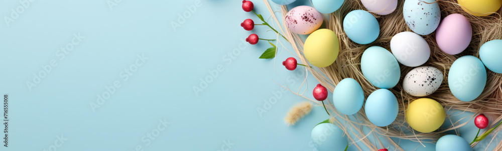 Osterbanner mit bemalten Eiern auf hellblauem Hintergrund. Draufsicht, flach gelegt mit Kopierraum Osterbanner mit bemalten Eiern auf hellblauem Hintergrund. Draufsicht, flach gelegt mit Kopierraum