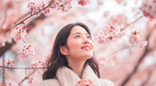 Portrait of happy and smiling young Japanese woman in spring park, positive and cheerful young woman enjoying walk outdoors in cherry blossom forest © Enrique