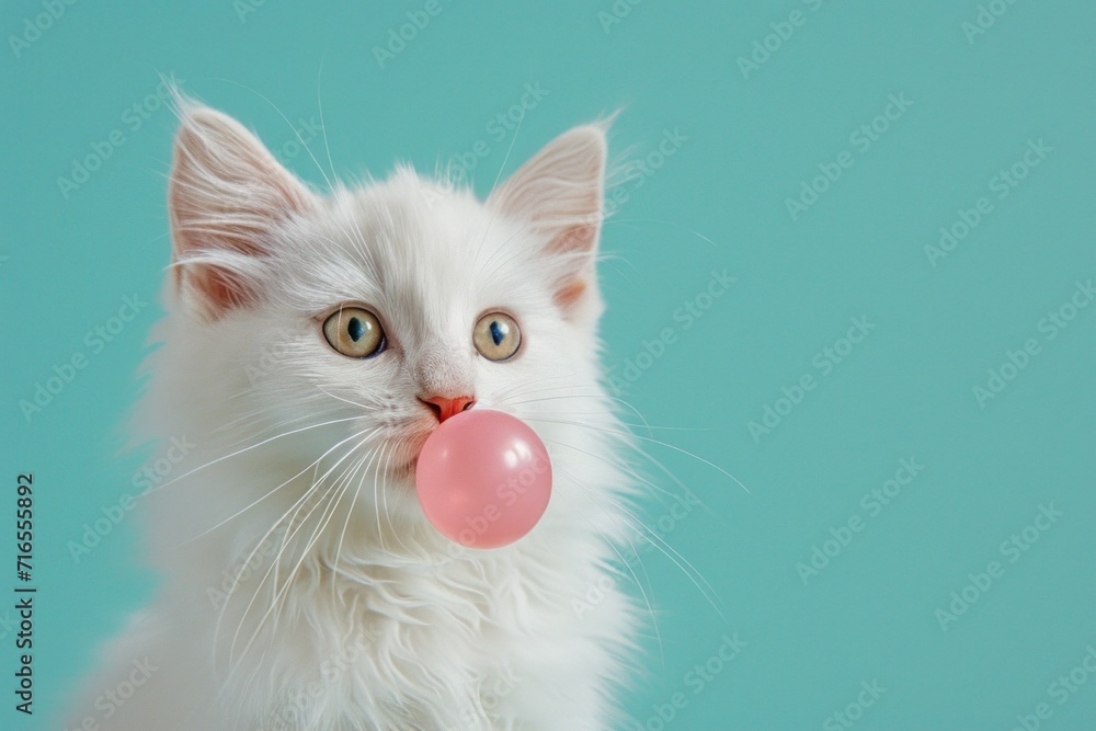 The funny white cat appears to be blowing a pink bubblegum bubble, captured against a vibrant turquoise background.