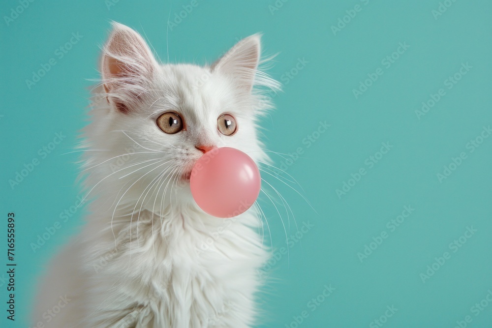 The funny white cat appears to be blowing a pink bubblegum bubble, captured against a vibrant turquoise background.