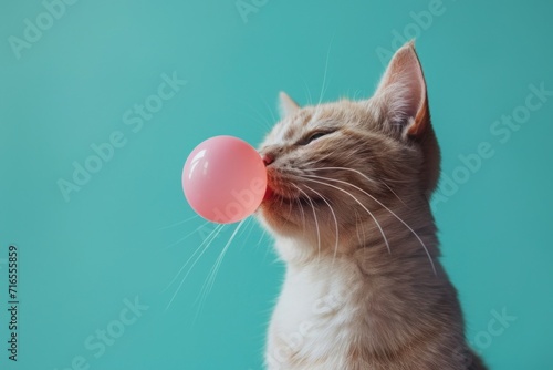 The funny white cat appears to be blowing a pink bubblegum bubble, captured against a vibrant turquoise background.