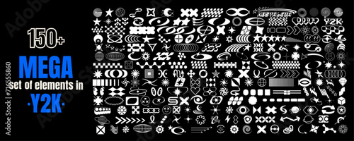 Mega set of elements, shapes in modern futuristic y2k style. Collection of abstract geometric symbols. Retro. Brutalism. Simple figures. Minimalistic design of universal stickers. Geometric objects. 