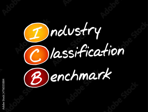 ICB Industry Classification Benchmark - system for assigning all public companies to appropriate subsectors of specific industries, acronym text concept background