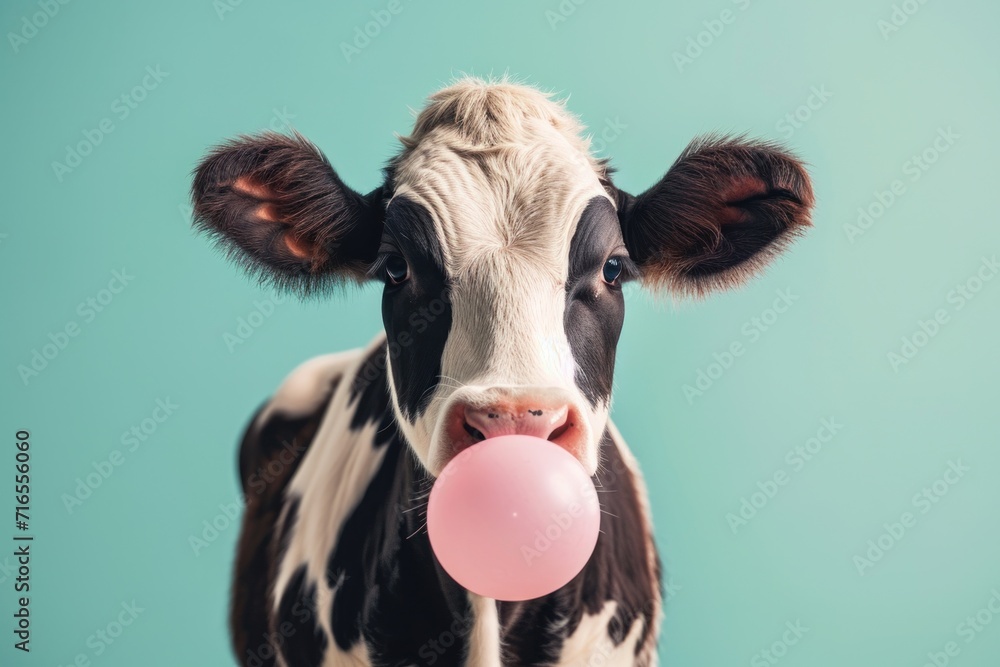 The funny cow appears to be blowing a pink bubblegum bubble, captured against a vibrant turquoise background. The funny cow appears to be blowing a pink bubblegum bubble, captured against a vibrant turquoise background.