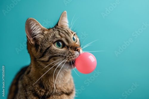 The cute cat appears to be blowing a pink bubblegum bubble, captured against a vibrant turquoise background.