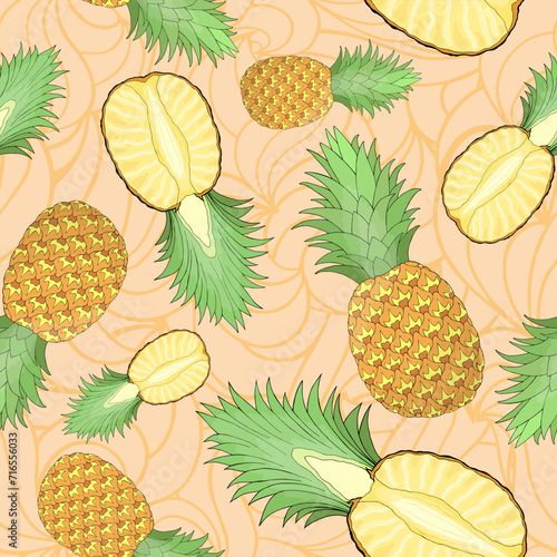 Whole and cut pineapple random repeat seamless pattern. Tropical fruit endless texture. Irregular boundless background. Pastel summer surface design. Editable tile for textile, stationery, cosmetics