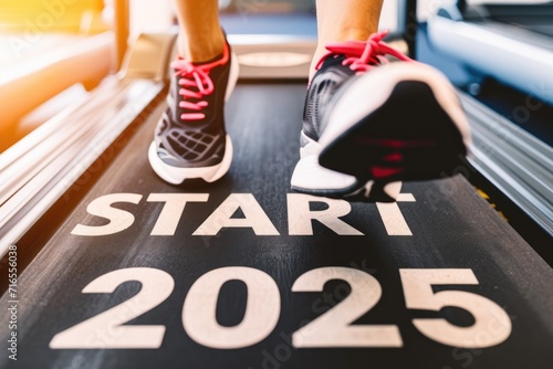 Close-up view of an individuals feet on a treadmill track marked with START 2025, symbolizing the beginning of a new years fitness journey.