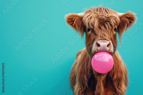 The funny cow appears to be blowing a pink bubblegum bubble, captured against a vibrant turquoise background. photo