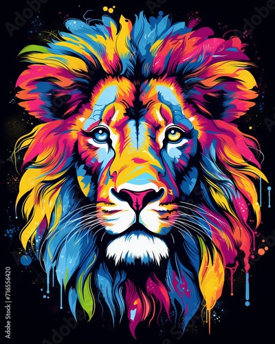 Colorful vector illustrations of a lion s face in vibrant hues for t-shirt design