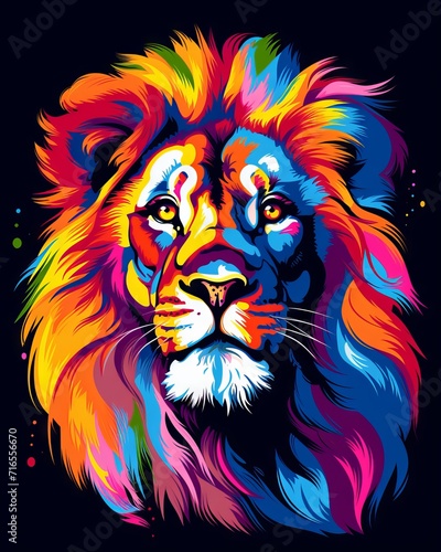 Colorful vector illustrations of a lion s face in vibrant hues for t-shirt design