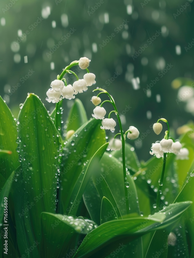 White lily of the valley flowers. Convallaria majalis forest flowering plant with raindrops. White lily of the valley flowers. Convallaria majalis forest flowering plant with raindrops.