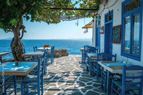 Greek culture with traditional white and blue greek architecture, taverna by the sea