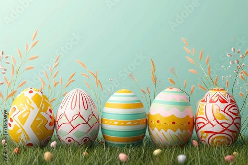 A group of colorful Easter eggs in the grass