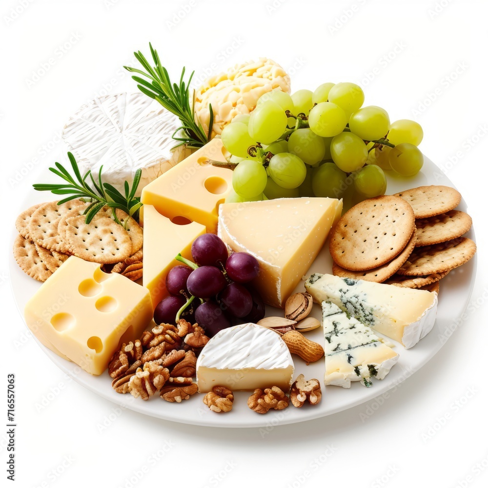 Assorted Plate of Cheese, Crackers, Nuts, and Grapes for Appetizing Snack or Party Platter