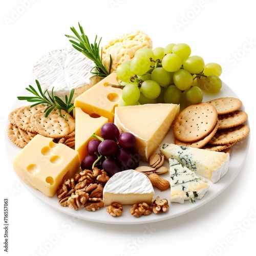 Assorted Plate of Cheese, Crackers, Nuts, and Grapes for Appetizing Snack or Party Platter