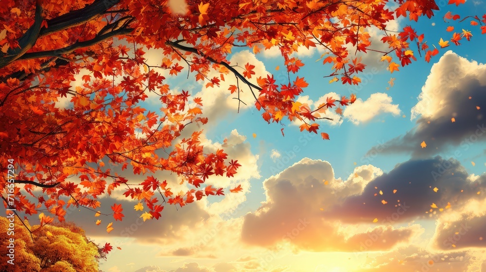 Fototapeta premium Autumn landscape. Autumn tree leaves sky background.