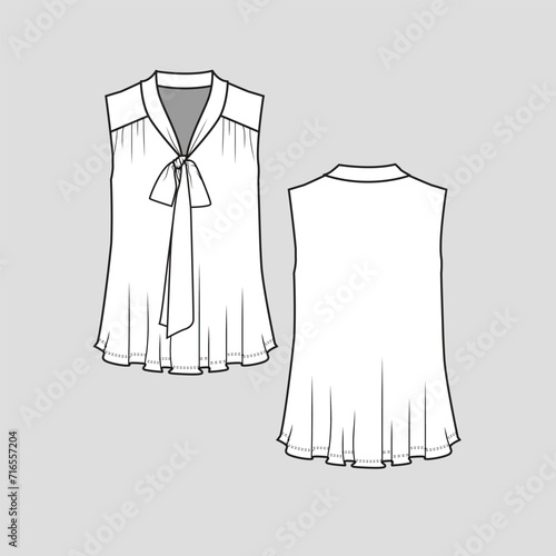 Tie up neck sleeveless top front gathering detail vest t shirt top blouse women fashion flat sketch technical drawing template design vector