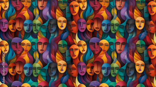 Modern female face seamless pattern in the style of Cubism, Neoplasticism and Bauhaus. Perfect woman for interior design, printing © bravissimos