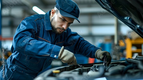 mechanic at work, a man in a blue uniform is working on a car in a garage with a wrench
