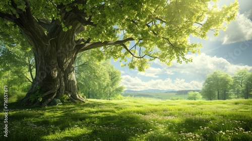 Big tree with fresh green leaves and green spring meadow