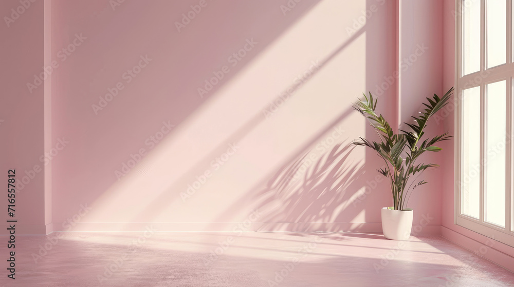 Empty room with minimalist blush pink wall background with sun shadow for product presentation Empty room with minimalist blush pink wall background with sun shadow for product presentation
