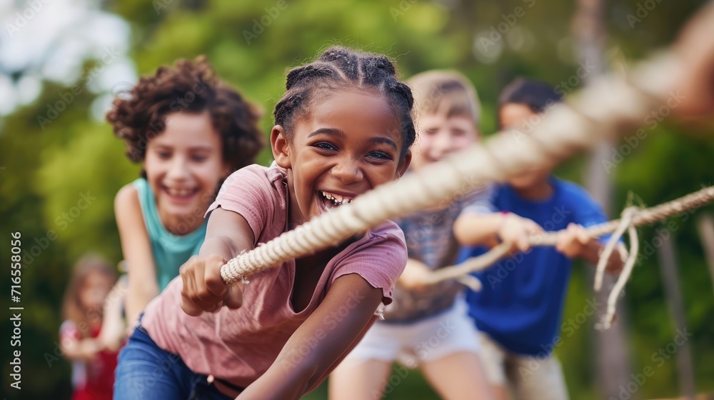 Fototapeta premium Fun, games and kids playing tug of war together outdoor in a park or playground in summer. Friends, diversity and children pulling a rope while being playful fun or bonding in a garden on a sunny day