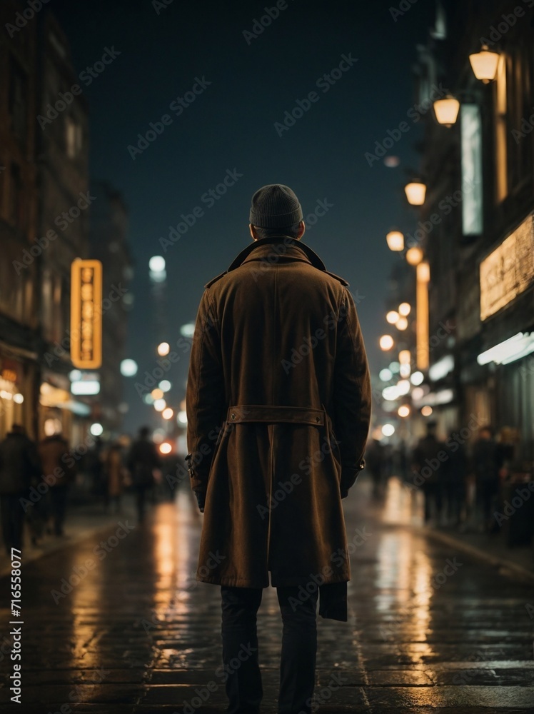 Naklejka premium Man Walking Down Street in the Night, Urban Environment, Explore Downtown Cityscape. Generative AI.