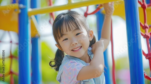 Cute asian girl smile play on school or kindergarten yard or playground. Healthy summer activity for children. Little asian girl climbing outdoors at playground.
