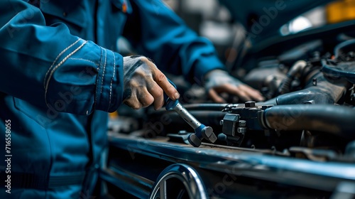 mechanic changing the engine of car, a man in a blue uniform is working on a car in a garage with a wrench and a wrench